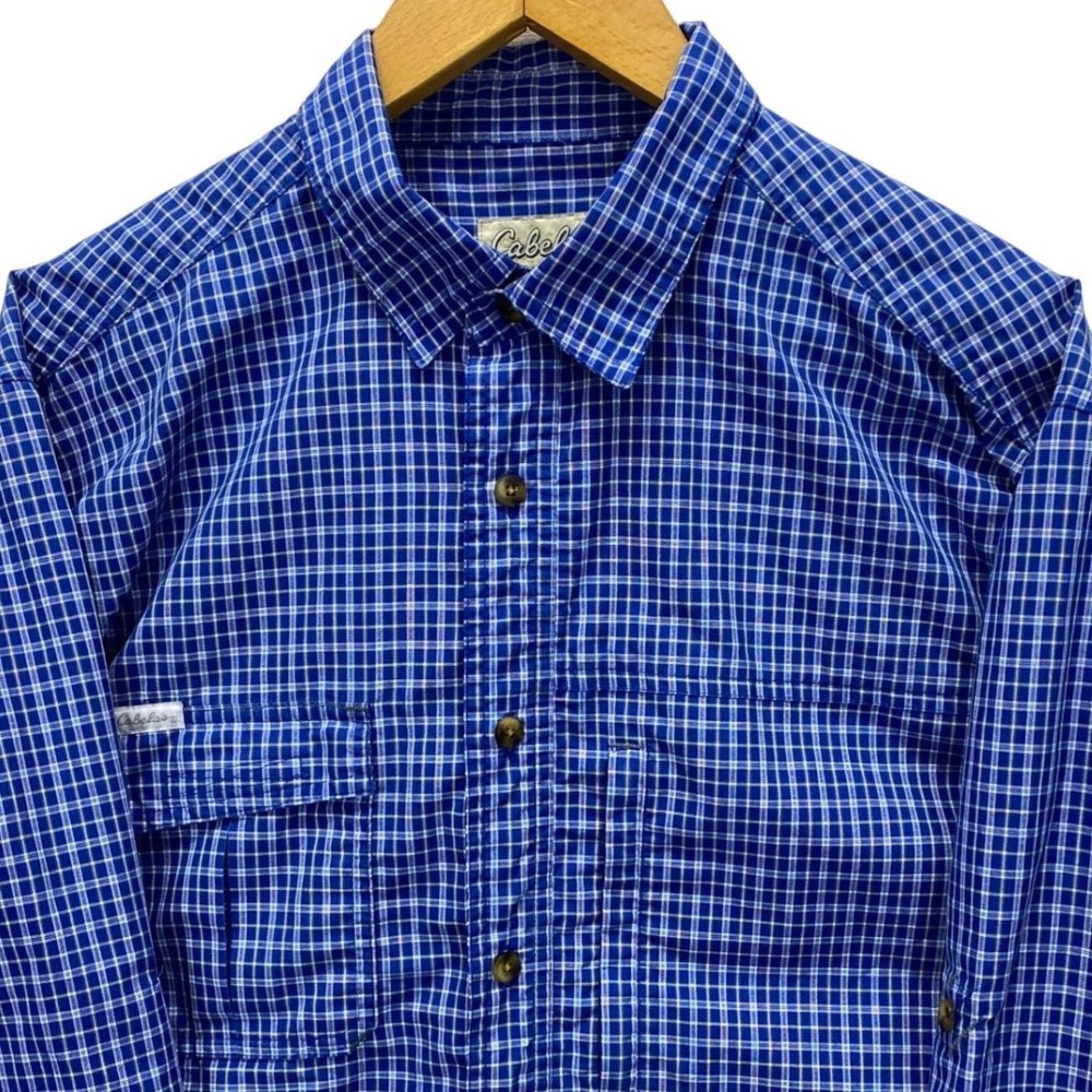 Vintage Cabelas Mens Blue Plaid Long Sleeve Button Up Fishing Shirt Roll Tab